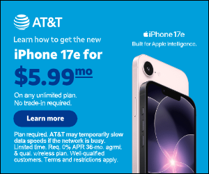 AT&T iPhone 17e advertisement - Learn how to get the new iPhone 17e for $5.99/mo